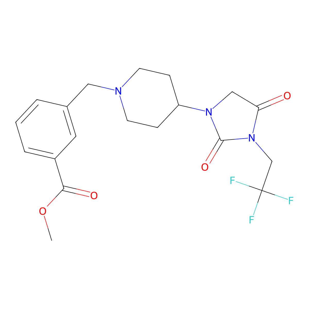 Methyl 3-({4-[2,4-dioxo-3-(2,2,2-trifluoroethyl)imidazolidin-1-yl]piperidin-1-yl}methyl)benzoate molecular structure, CAS 2097892-92-5