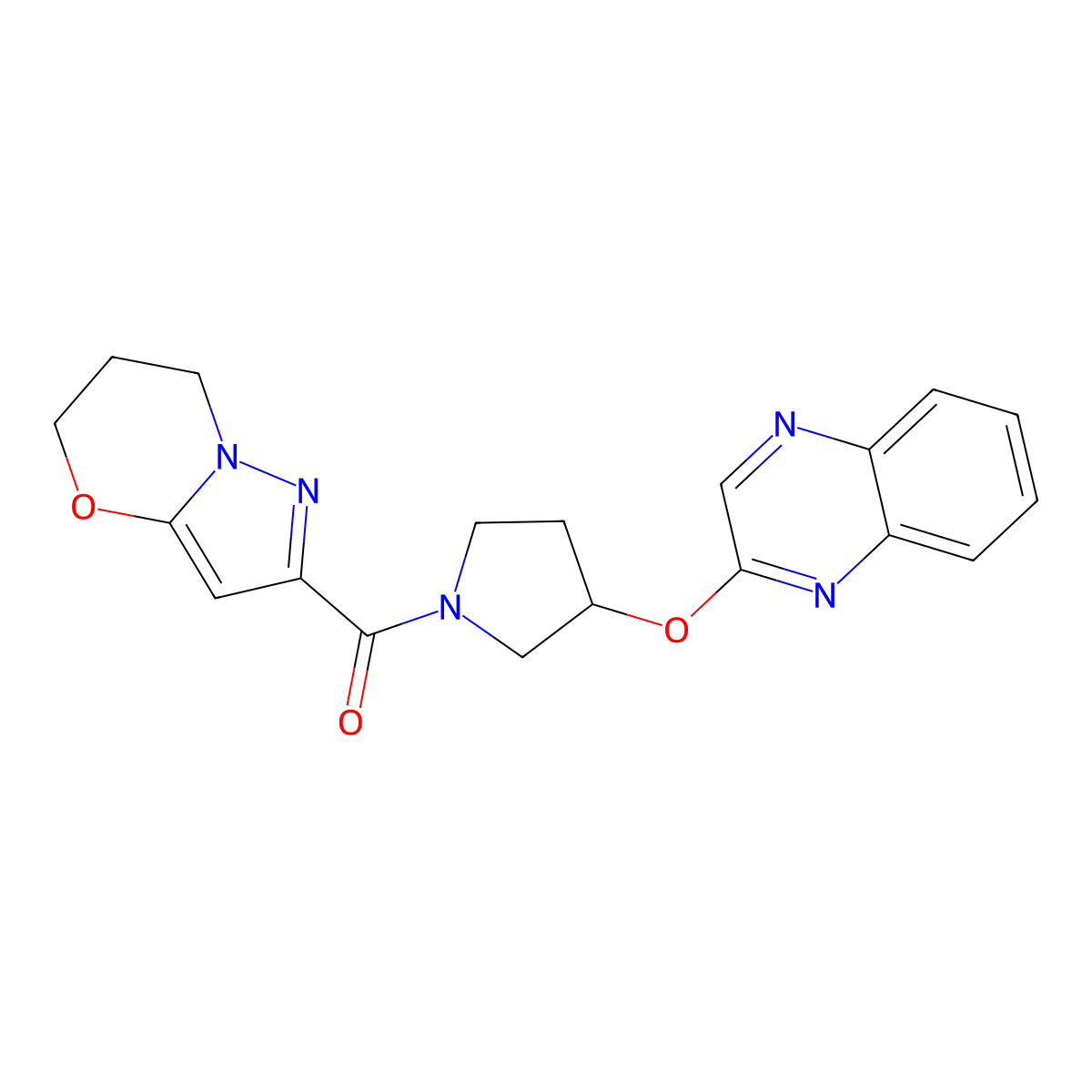 2-[(1-{5H,6H,7H-pyrazolo[3,2-b][1,3]oxazine-2-carbonyl}pyrrolidin-3-yl)oxy]quinoxaline molecular structure, CAS 2097892-95-8