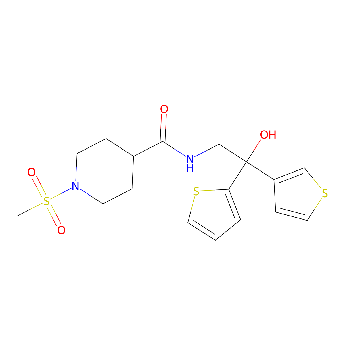 N-(2-hydroxy-2-(thiophen-2-yl)-2-(thiophen-3-yl)ethyl)-1-(methylsulfonyl)piperidine-4-carboxamide molecular structure, CAS 2097892-97-0