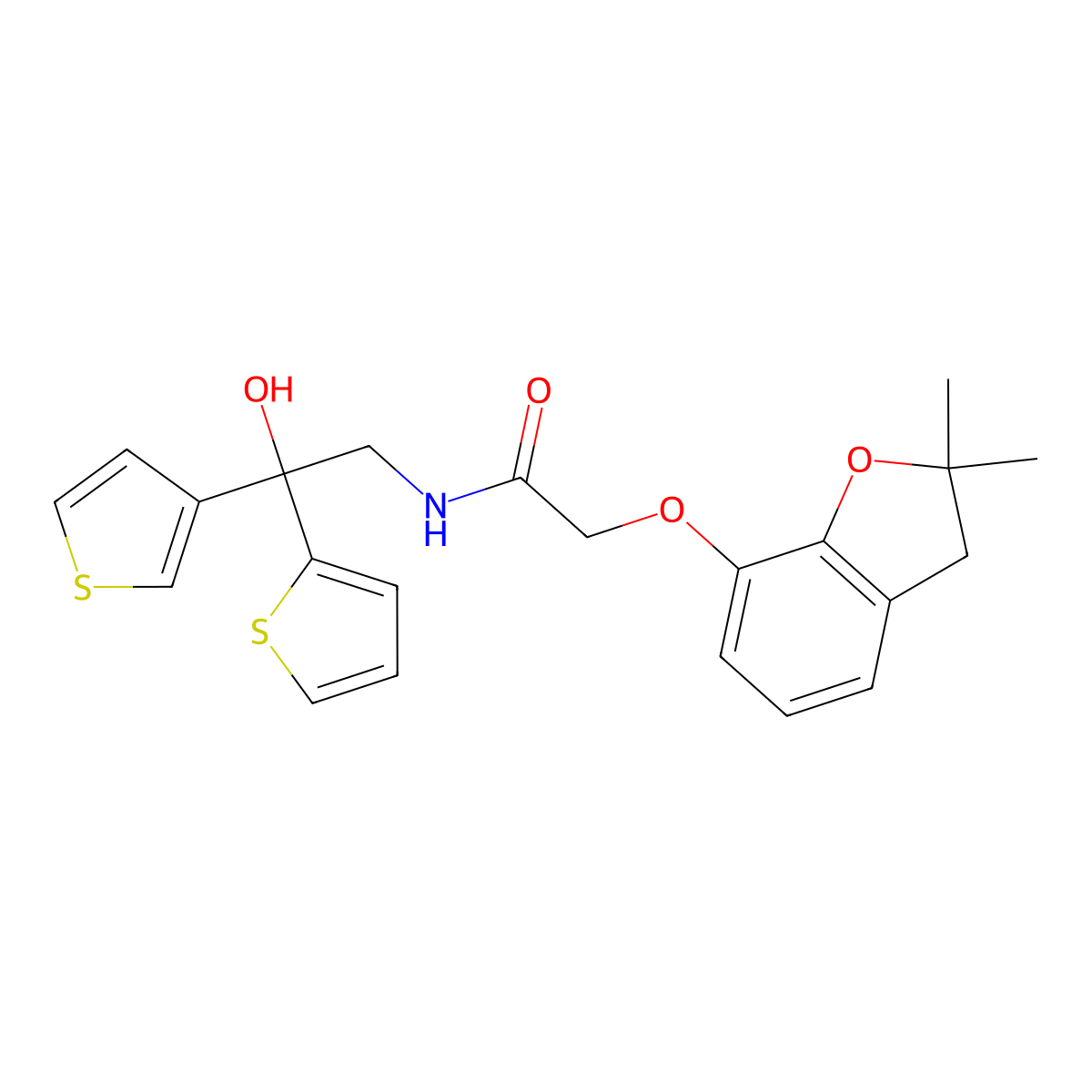 2-((2,2-dimethyl-2,3-dihydrobenzofuran-7-yl)oxy)-N-(2-hydroxy-2-(thiophen-2-yl)-2-(thiophen-3-yl)ethyl)acetamide molecular structure, CAS 2097893-09-7