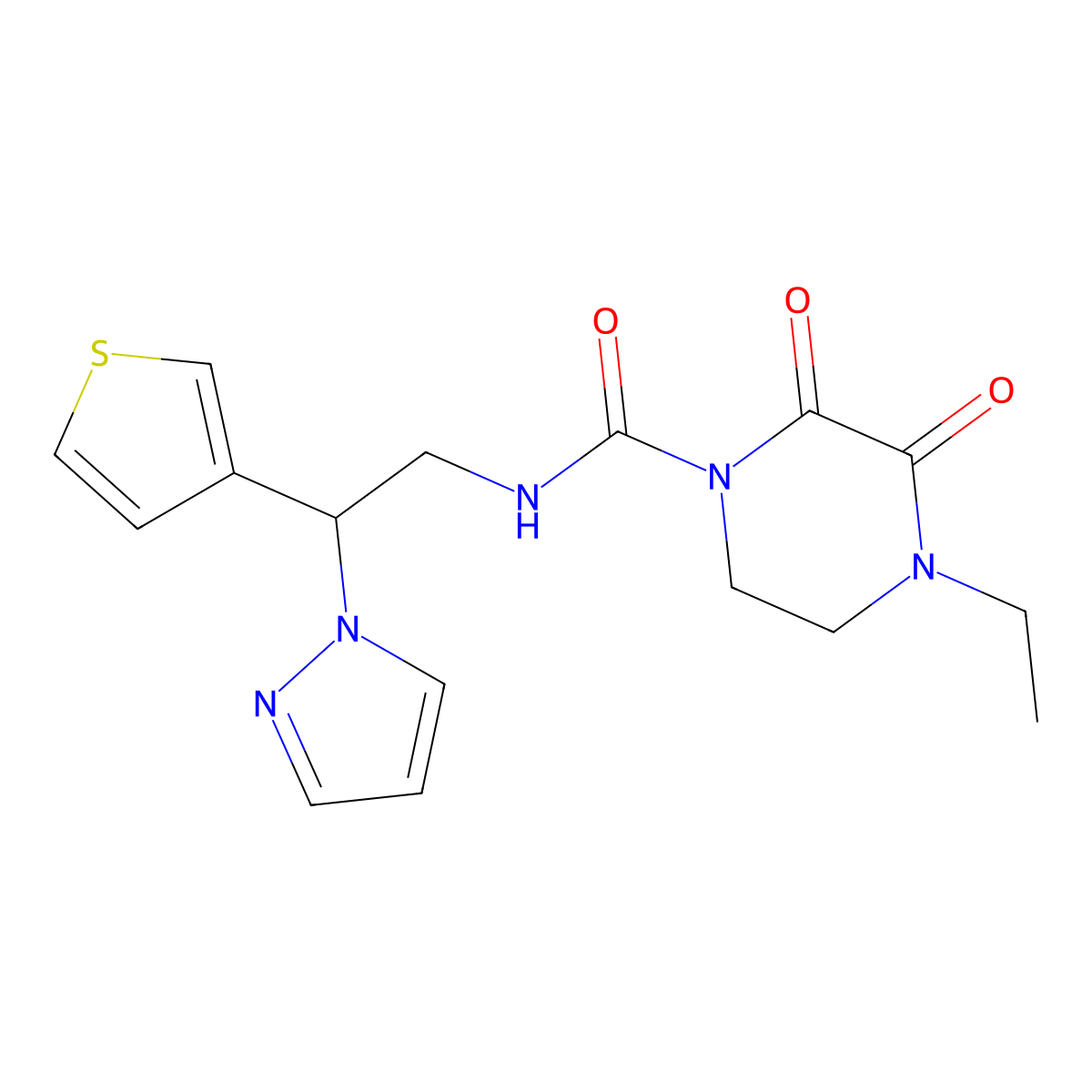 4-ethyl-2,3-dioxo-N-[2-(1H-pyrazol-1-yl)-2-(thiophen-3-yl)ethyl]piperazine-1-carboxamide molecular structure, CAS 2097893-12-2