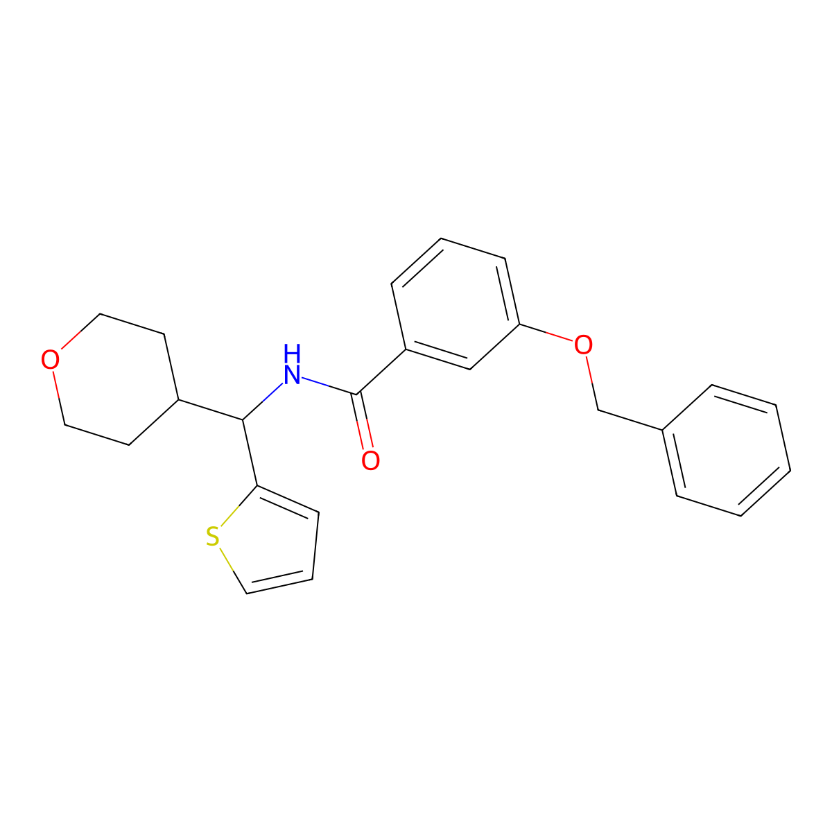 3-(benzyloxy)-N-[(oxan-4-yl)(thiophen-2-yl)methyl]benzamide molecular structure, CAS 2097893-13-3