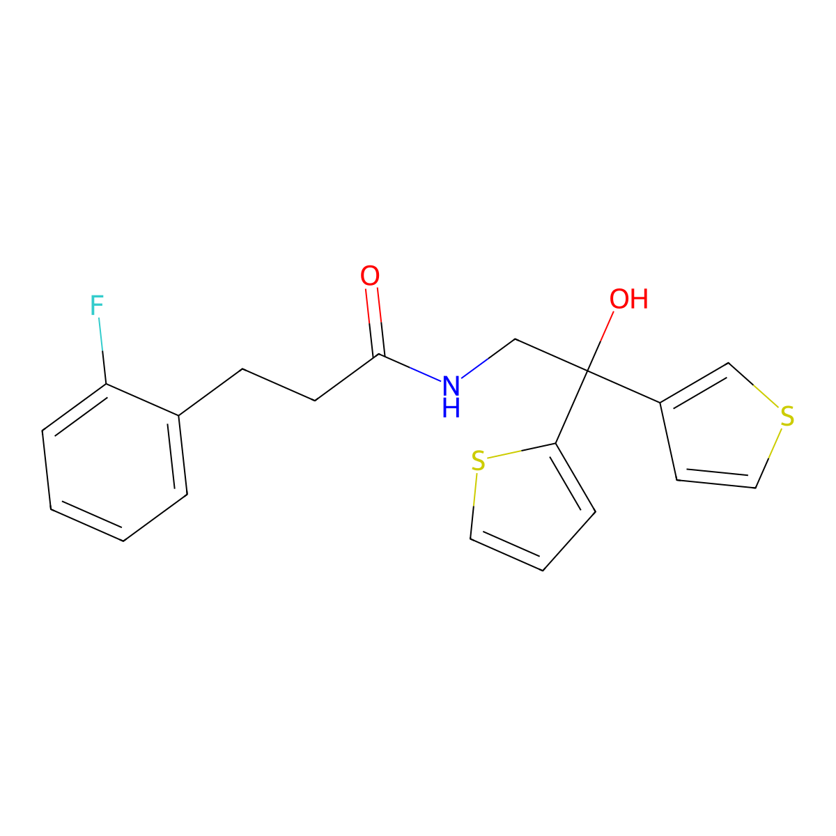 3-(2-fluorophenyl)-N-[2-hydroxy-2-(thiophen-2-yl)-2-(thiophen-3-yl)ethyl]propanamide molecular structure, CAS 2097893-21-3