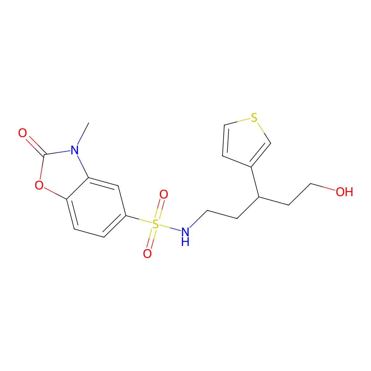 N-[5-hydroxy-3-(thiophen-3-yl)pentyl]-3-methyl-2-oxo-2,3-dihydro-1,3-benzoxazole-5-sulfonamide molecular structure, CAS 2097893-25-7