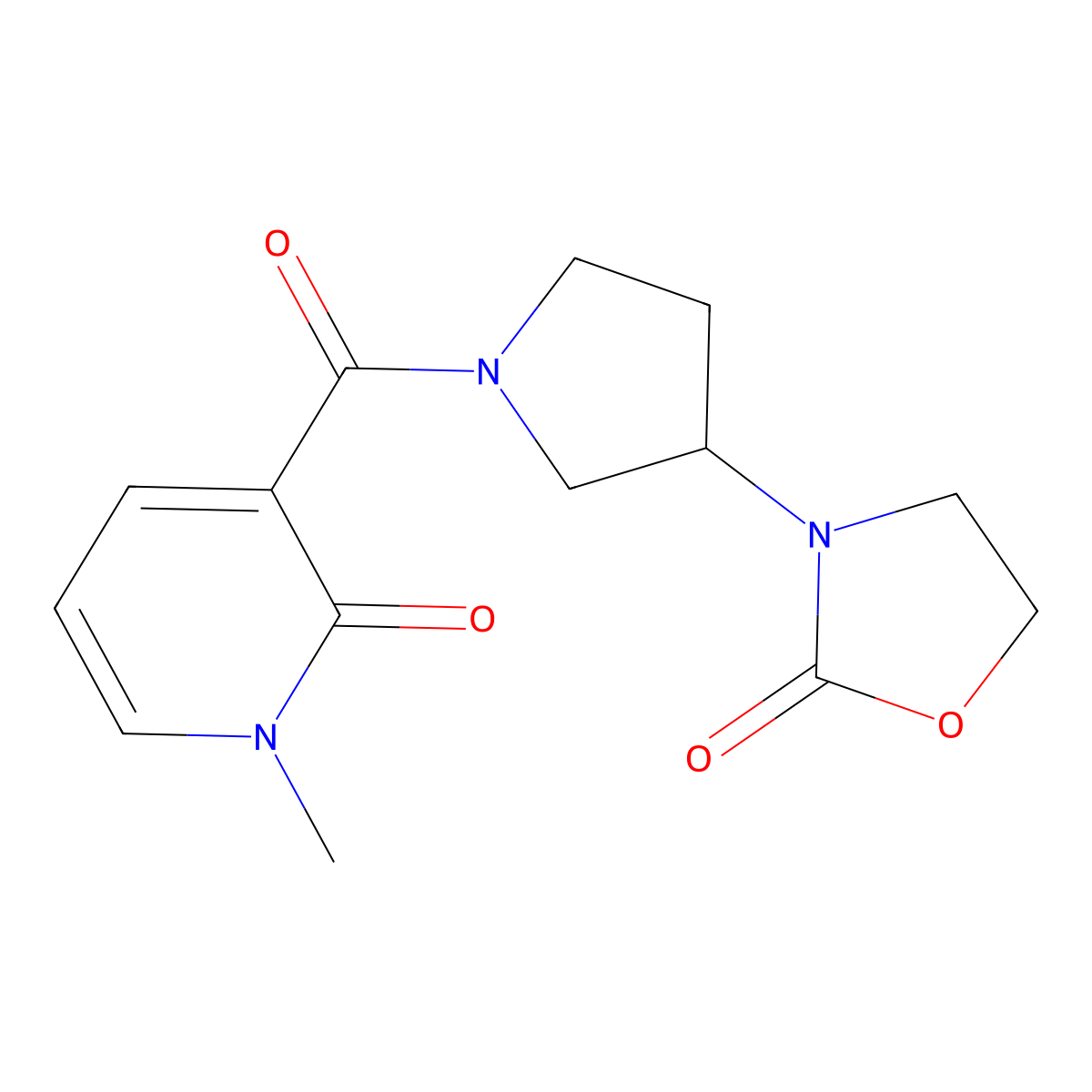 1-Methyl-3-[3-(2-oxo-1,3-oxazolidin-3-yl)pyrrolidine-1-carbonyl]-1,2-dihydropyridin-2-one molecular structure, CAS 2097893-53-1