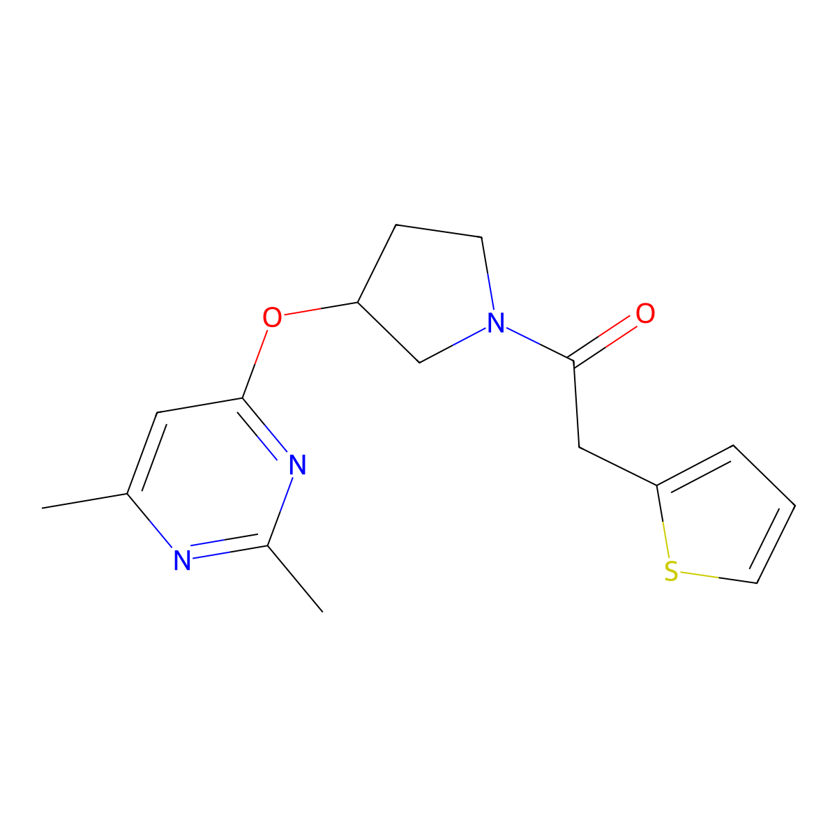 1-{3-[(2,6-Dimethylpyrimidin-4-yl)oxy]pyrrolidin-1-yl}-2-(thiophen-2-yl)ethan-1-one molecular structure, CAS 2097893-56-4