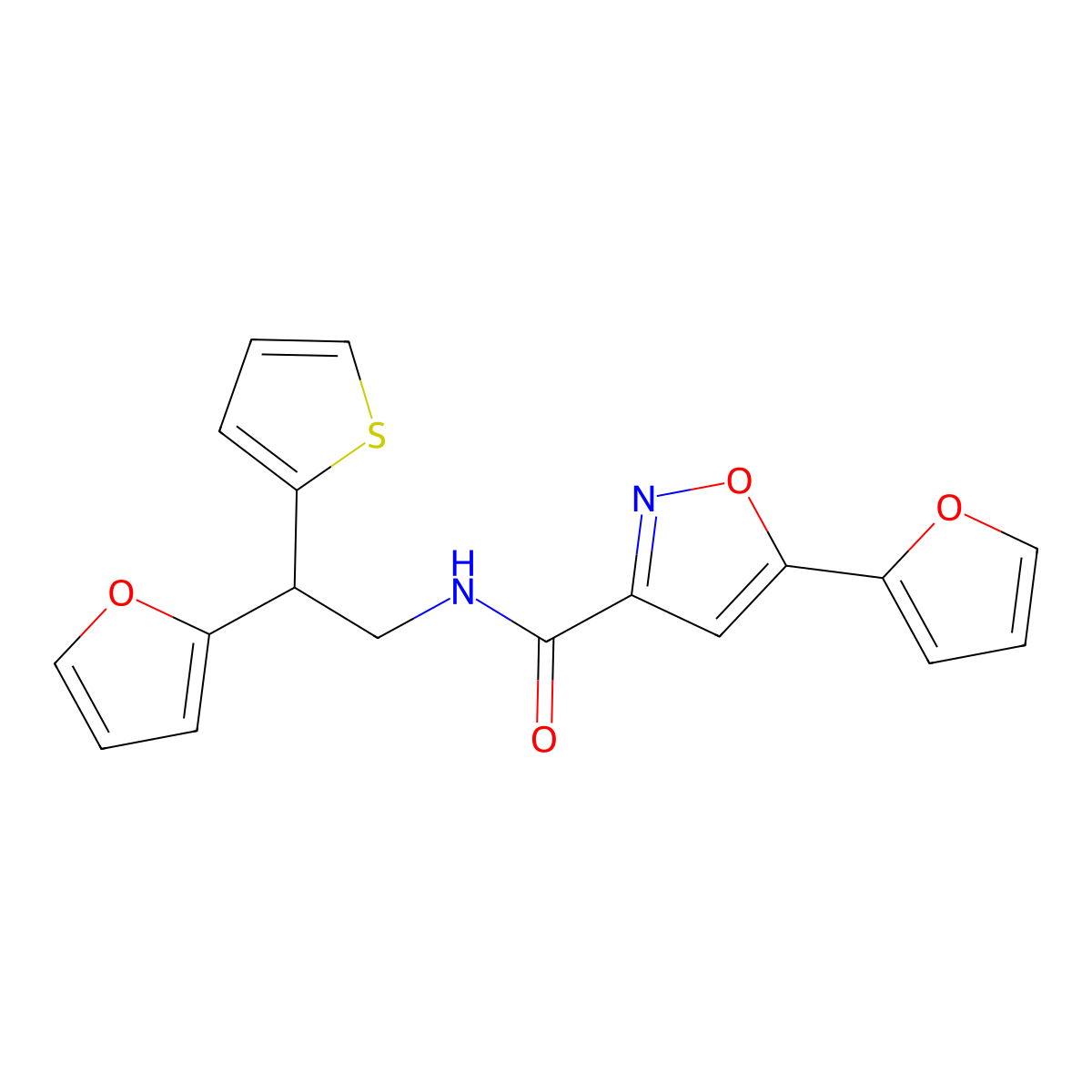 5-(furan-2-yl)-N-[2-(furan-2-yl)-2-(thiophen-2-yl)ethyl]-1,2-oxazole-3-carboxamide molecular structure, CAS 2097893-74-6