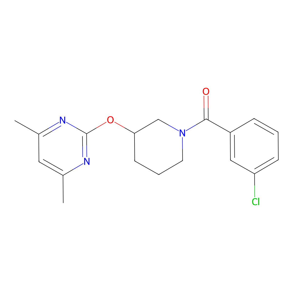 (3-Chlorophenyl)(3-((4,6-dimethylpyrimidin-2-yl)oxy)piperidin-1-yl)methanone molecular structure, CAS 2097893-89-3