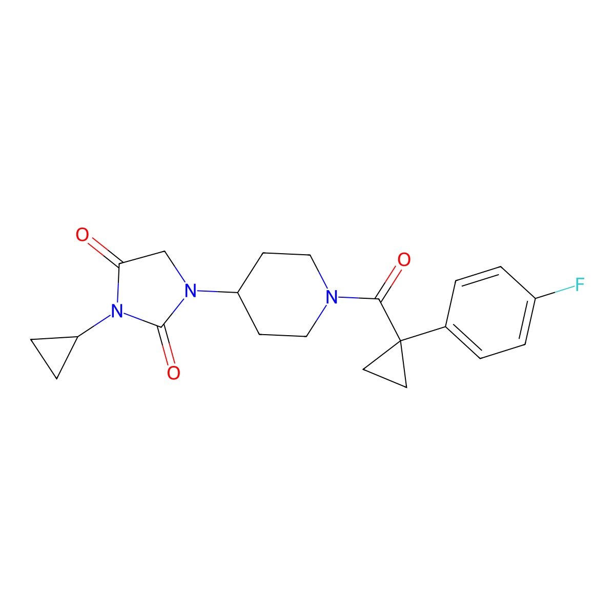 3-Cyclopropyl-1-{1-[1-(4-fluorophenyl)cyclopropanecarbonyl]piperidin-4-yl}imidazolidine-2,4-dione molecular structure, CAS 2097894-16-9
