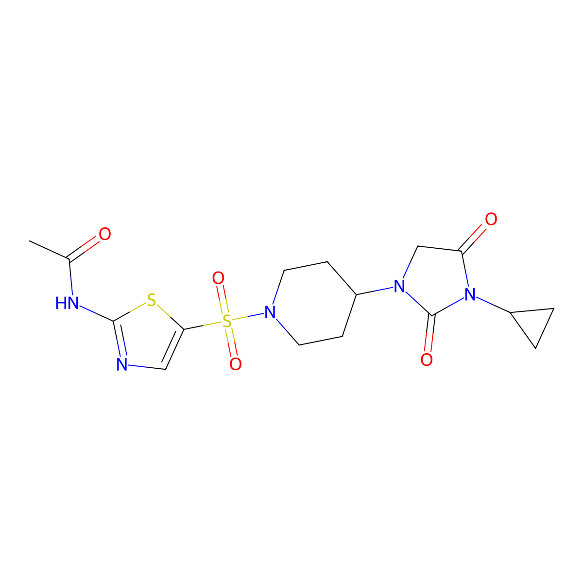 N-(5-{[4-(3-cyclopropyl-2,4-dioxoimidazolidin-1-yl)piperidin-1-yl]sulfonyl}-1,3-thiazol-2-yl)acetamide molecular structure, CAS 2097894-19-2
