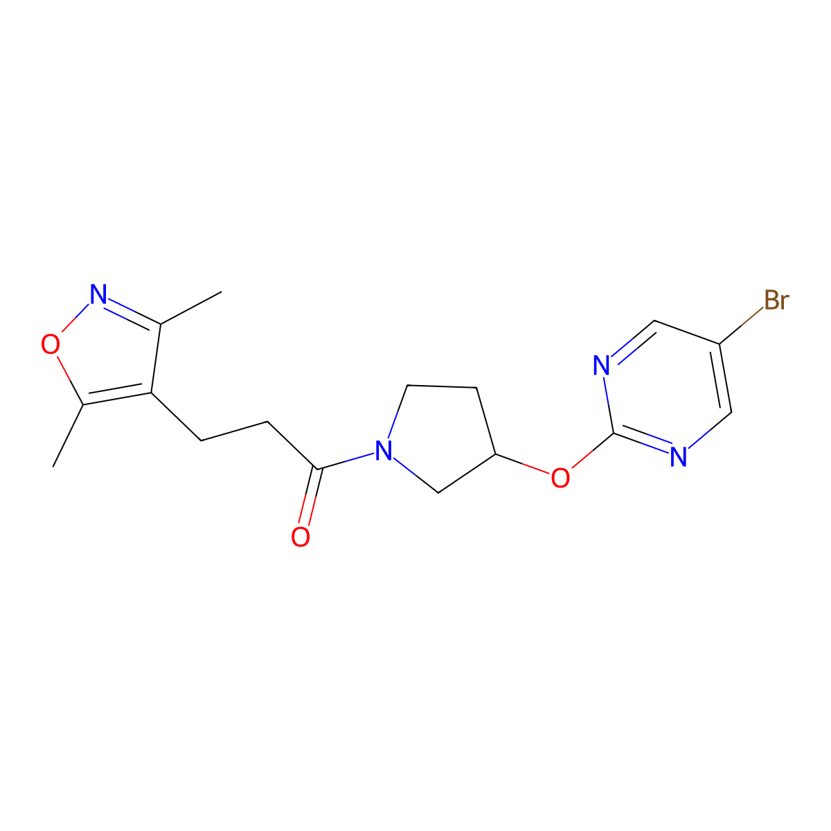 1-{3-[(5-Bromopyrimidin-2-yl)oxy]pyrrolidin-1-yl}-3-(3,5-dimethyl-1,2-oxazol-4-yl)propan-1-one molecular structure, CAS 2097894-28-3