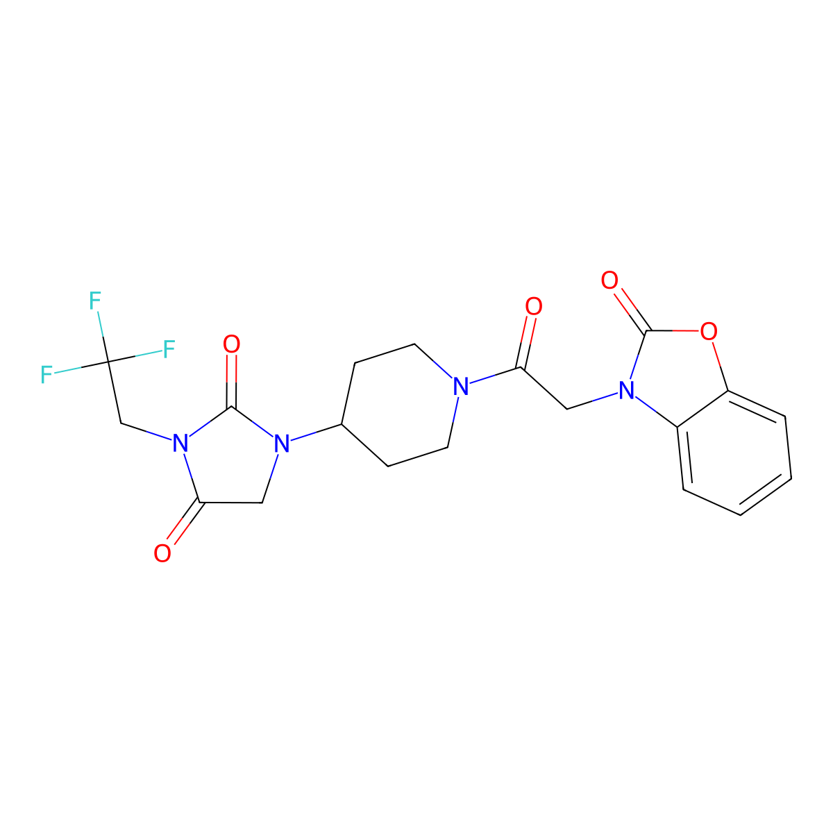 1-{1-[2-(2-Oxo-2,3-dihydro-1,3-benzoxazol-3-yl)acetyl]piperidin-4-yl}-3-(2,2,2-trifluoroethyl)imidazolidine-2,4-dione molecular structure, CAS 2097894-43-2