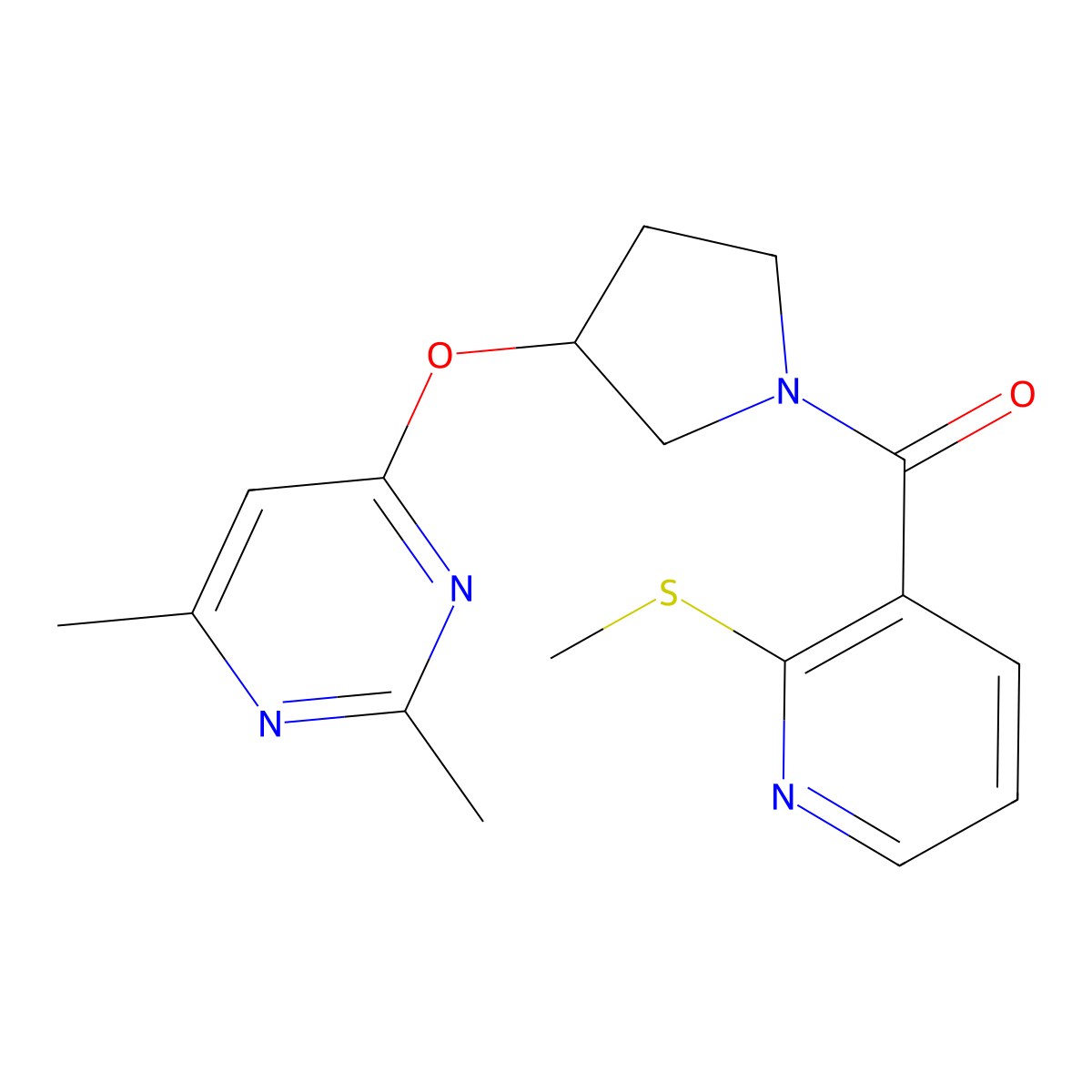 2,4-Dimethyl-6-({1-[2-(methylsulfanyl)pyridine-3-carbonyl]pyrrolidin-3-yl}oxy)pyrimidine molecular structure, CAS 2097894-56-7