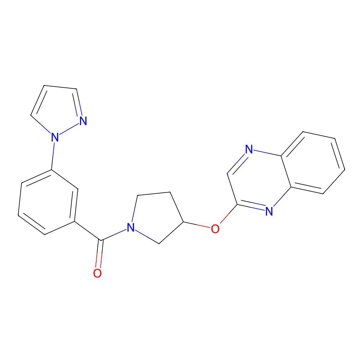 2-({1-[3-(1H-pyrazol-1-yl)benzoyl]pyrrolidin-3-yl}oxy)quinoxaline molecular structure, CAS 2097894-68-1