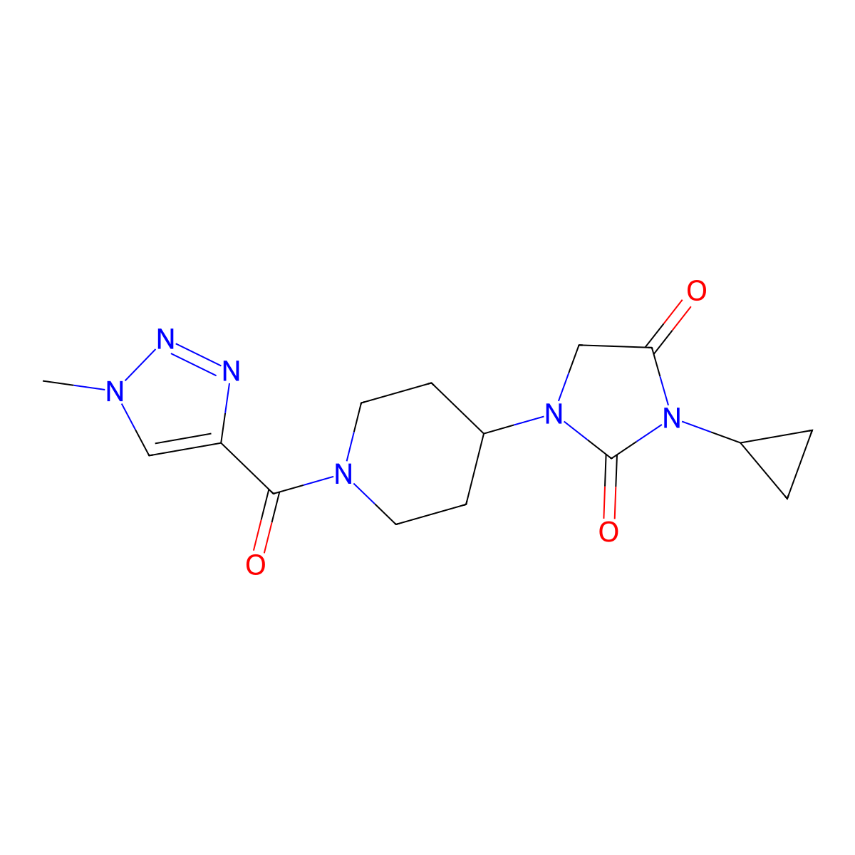 3-cyclopropyl-1-[1-(1-methyl-1H-1,2,3-triazole-4-carbonyl)piperidin-4-yl]imidazolidine-2,4-dione molecular structure, CAS 2097894-69-2
