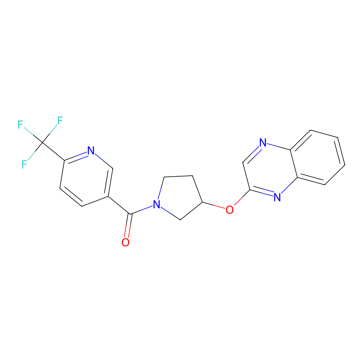 2-({1-[6-(Trifluoromethyl)pyridine-3-carbonyl]pyrrolidin-3-yl}oxy)quinoxaline molecular structure, CAS 2097894-71-6