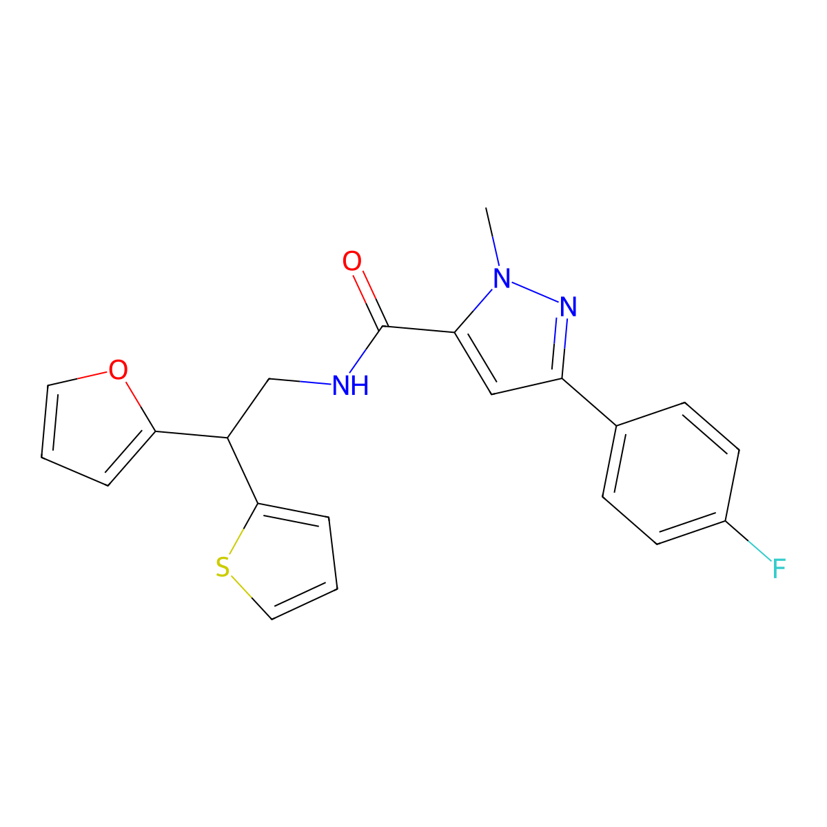 3-(4-fluorophenyl)-N-[2-(furan-2-yl)-2-(thiophen-2-yl)ethyl]-1-methyl-1H-pyrazole-5-carboxamide molecular structure, CAS 2097894-77-2