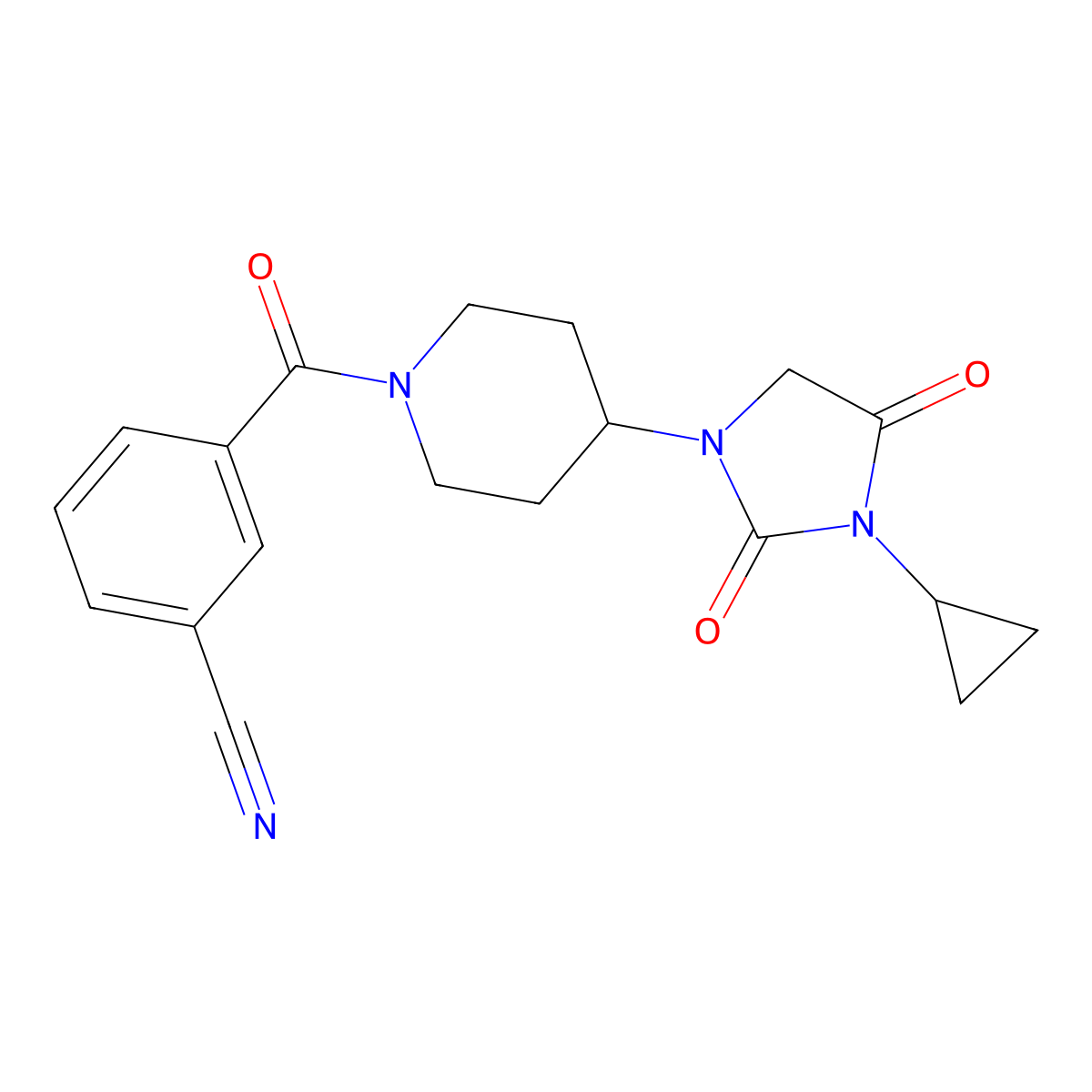 3-[4-(3-Cyclopropyl-2,4-dioxoimidazolidin-1-yl)piperidine-1-carbonyl]benzonitrile molecular structure, CAS 2097894-84-1