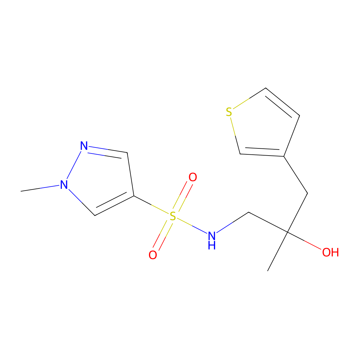 2-hydroxy-2-methyl-S-(1-methyl-1H-pyrazol-4-yl)-3-(thiophen-3-yl)propane-1-sulfonamido molecular structure, CAS 2097894-98-7
