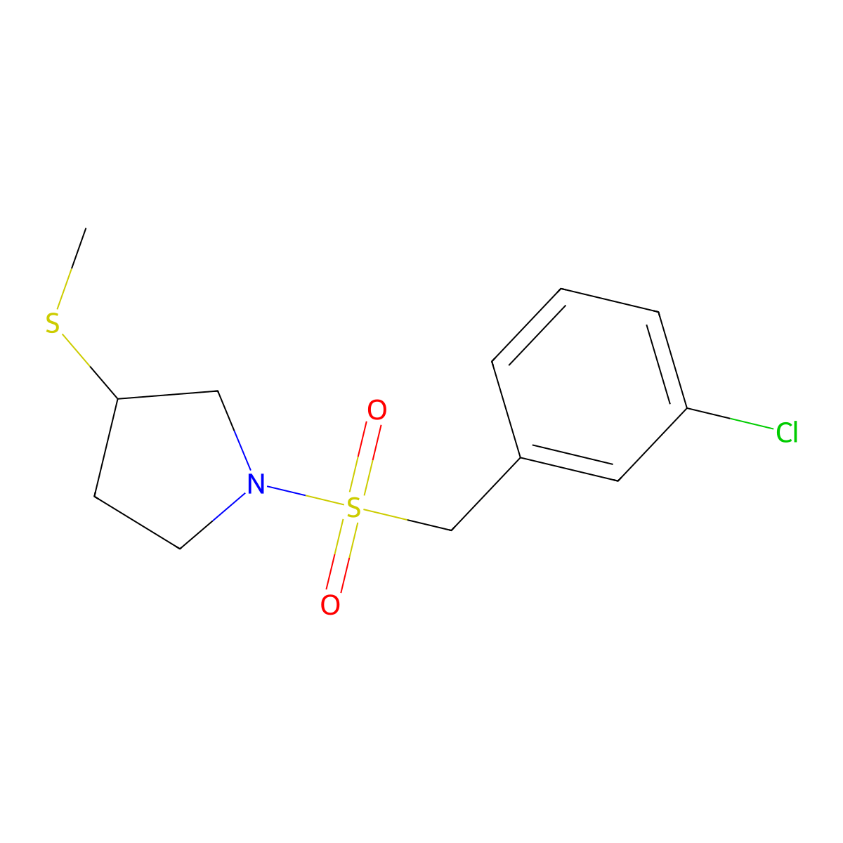 1-[(3-Chlorophenyl)methanesulfonyl]-3-(methylsulfanyl)pyrrolidine molecular structure, CAS 2097895-18-4