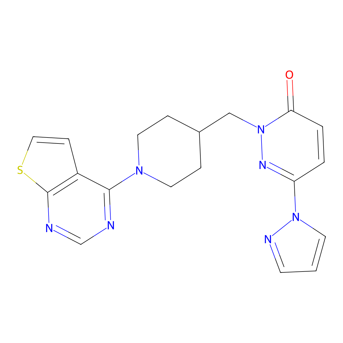 6-(1H-pyrazol-1-yl)-2-[(1-{thieno[2,3-d]pyrimidin-4-yl}piperidin-4-yl)methyl]-2,3-dihydropyridazin-3-one molecular structure, CAS 2097895-25-3