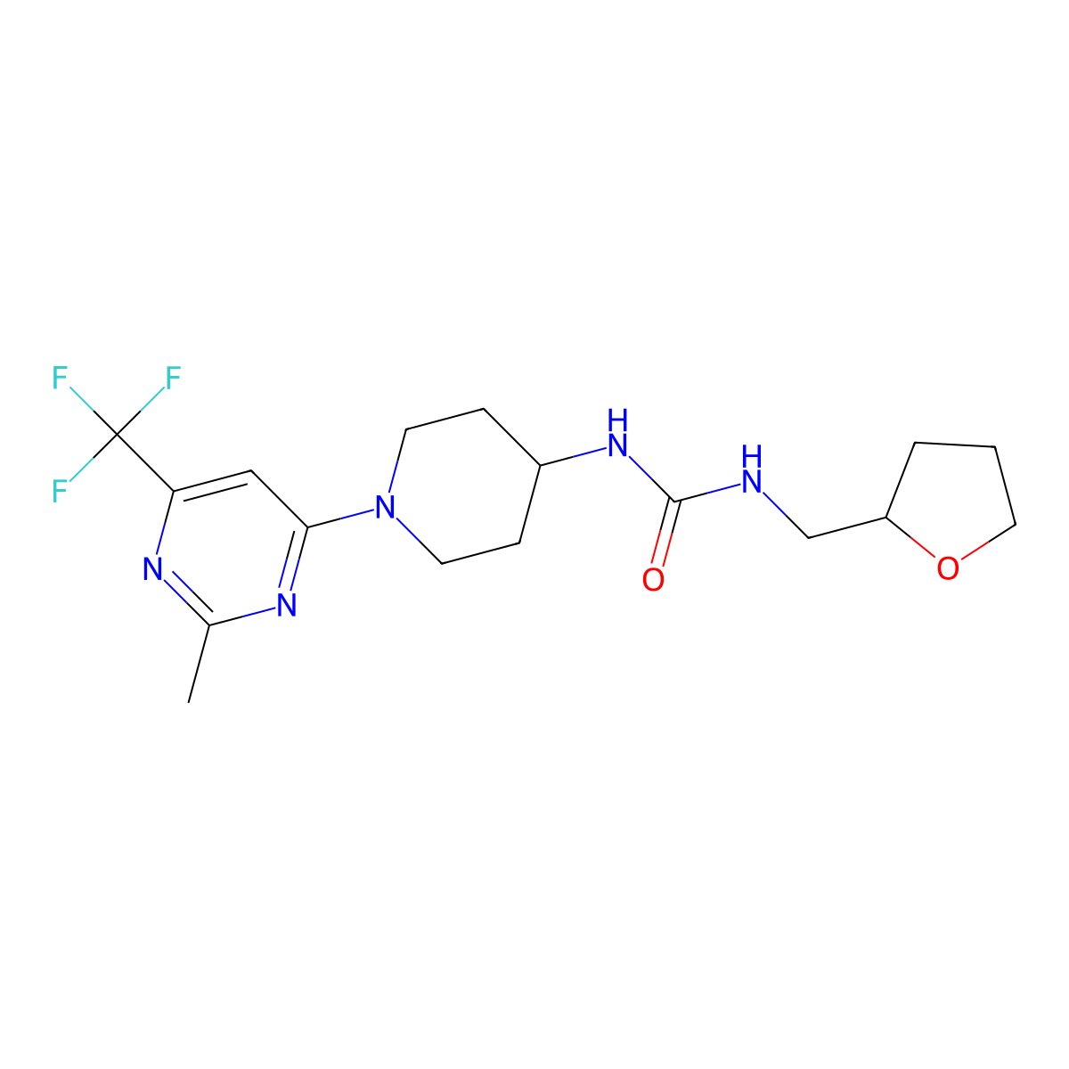 1-{1-[2-Methyl-6-(trifluoromethyl)pyrimidin-4-yl]piperidin-4-yl}-3-[(oxolan-2-yl)methyl]urea molecular structure, CAS 2097895-32-2
