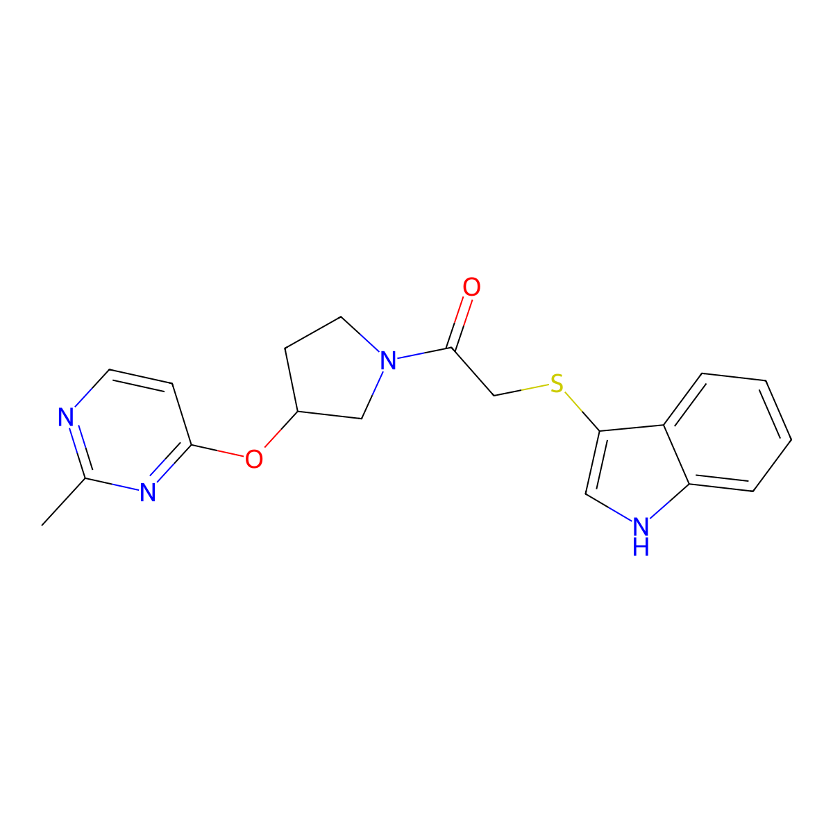 2-(1H-indol-3-ylsulfanyl)-1-{3-[(2-methylpyrimidin-4-yl)oxy]pyrrolidin-1-yl}ethan-1-one molecular structure, CAS 2097895-38-8