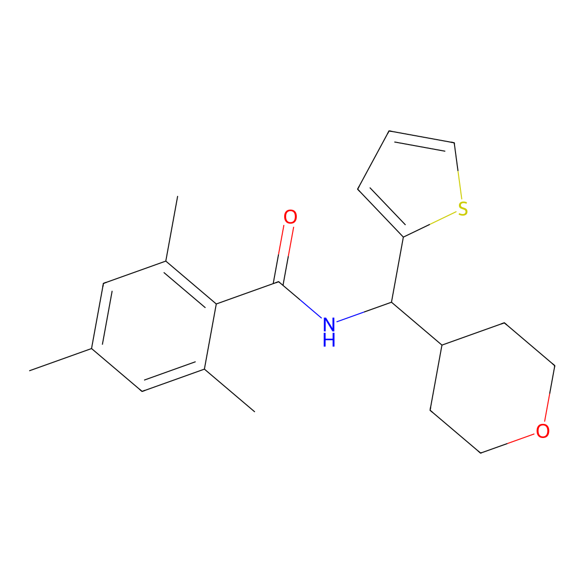 2,4,6-trimethyl-N-[(oxan-4-yl)(thiophen-2-yl)methyl]benzamide molecular structure, CAS 2097895-45-7