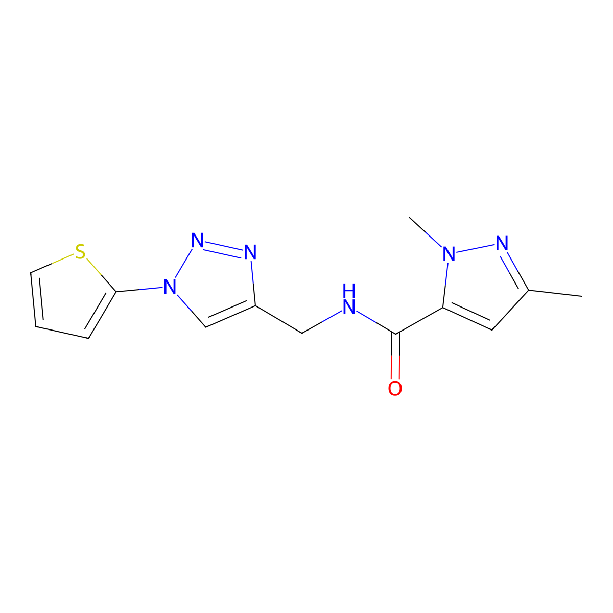 1,3-dimethyl-N-{[1-(thiophen-2-yl)-1H-1,2,3-triazol-4-yl]methyl}-1H-pyrazole-5-carboxamide molecular structure, CAS 2097895-61-7