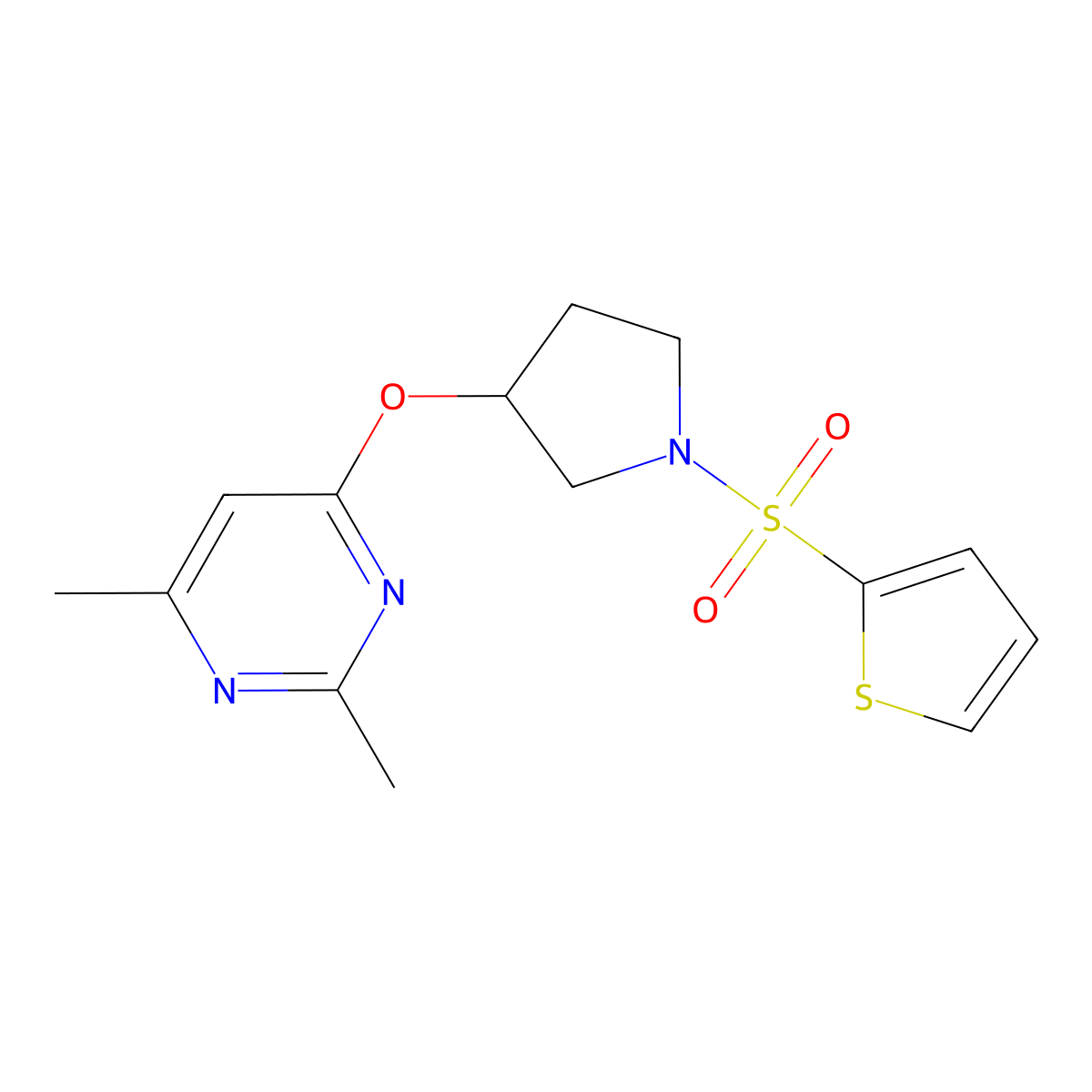2,4-Dimethyl-6-{[1-(thiophene-2-sulfonyl)pyrrolidin-3-yl]oxy}pyrimidine molecular structure, CAS 2097895-62-8