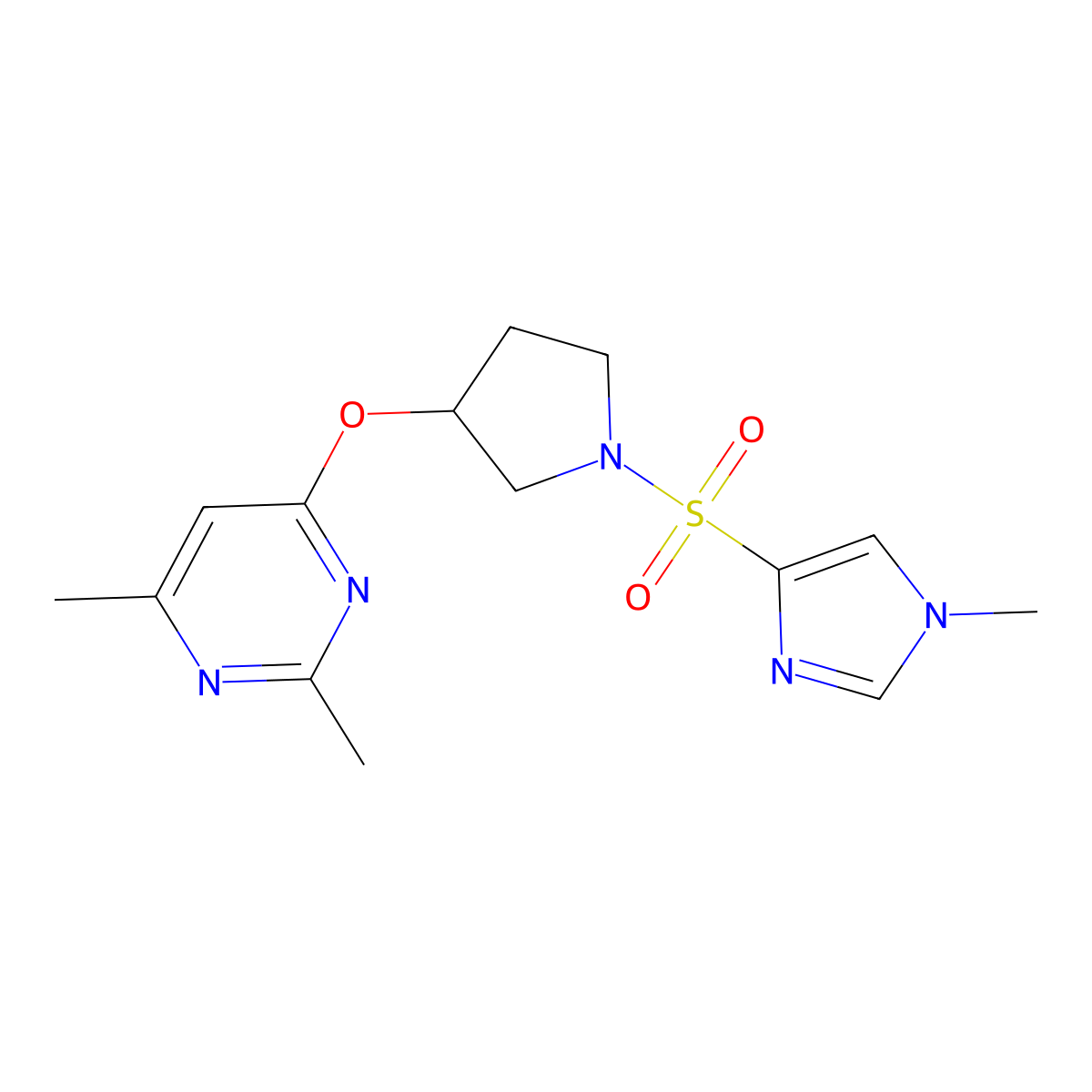 2,4-dimethyl-6-({1-[(1-methyl-1H-imidazol-4-yl)sulfonyl]pyrrolidin-3-yl}oxy)pyrimidine molecular structure, CAS 2097895-79-7