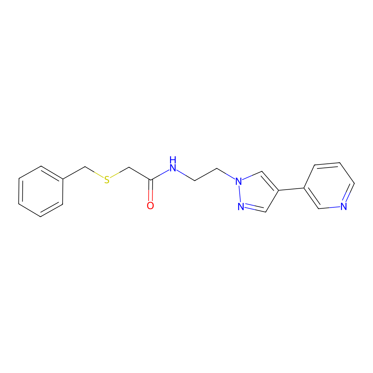 2-(benzylsulfanyl)-N-{2-[4-(pyridin-3-yl)-1H-pyrazol-1-yl]ethyl}acetamide molecular structure, CAS 2097895-81-1