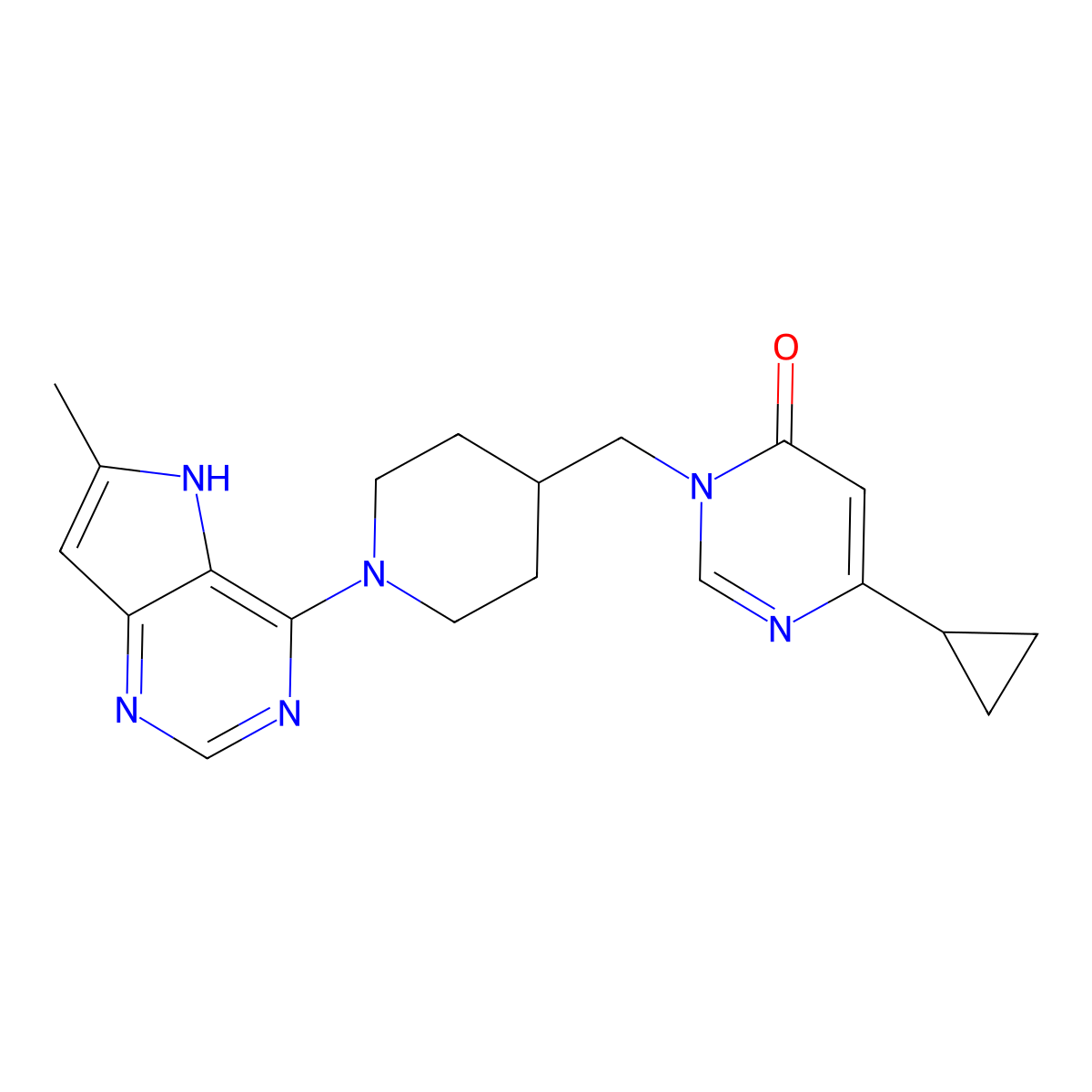 6-cyclopropyl-3-[(1-{6-methyl-5H-pyrrolo[3,2-d]pyrimidin-4-yl}piperidin-4-yl)methyl]-3,4-dihydropyrimidin-4-one molecular structure, CAS 2097895-88-8