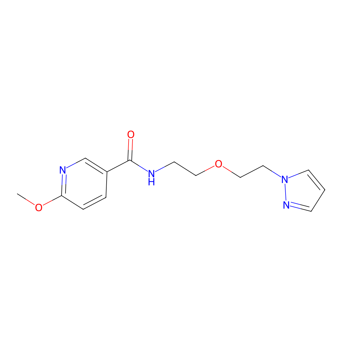 6-methoxy-N-{2-[2-(1H-pyrazol-1-yl)ethoxy]ethyl}pyridine-3-carboxamide molecular structure, CAS 2097895-89-9