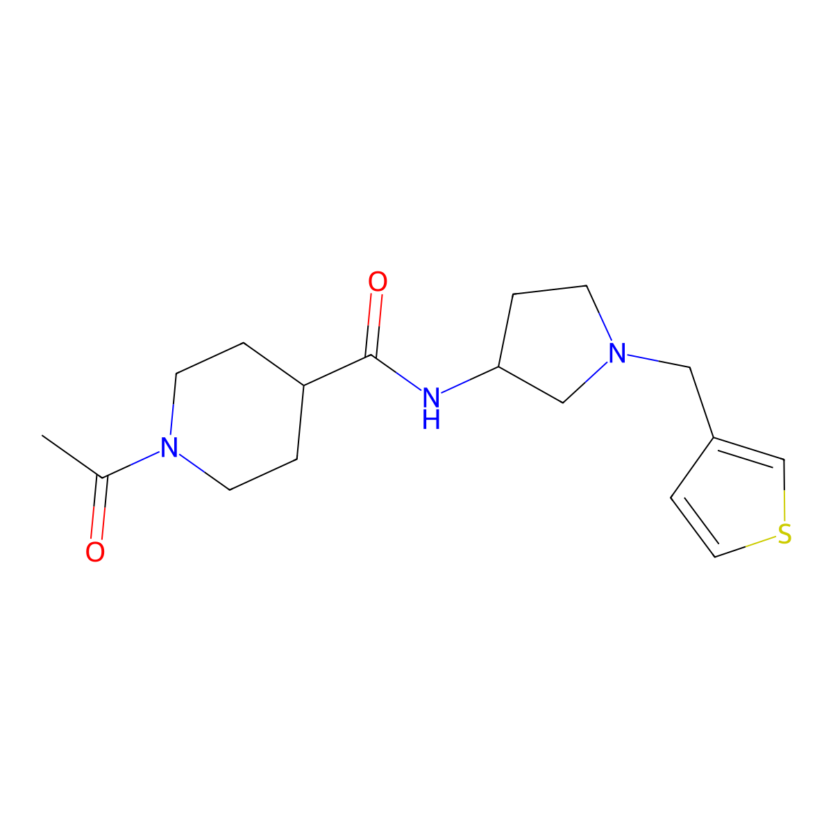 1-acetyl-N-{1-[(thiophen-3-yl)methyl]pyrrolidin-3-yl}piperidine-4-carboxamide molecular structure, CAS 2097896-33-6