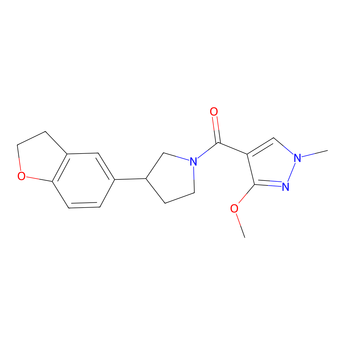 4-[3-(2,3-dihydro-1-benzofuran-5-yl)pyrrolidine-1-carbonyl]-3-methoxy-1-methyl-1H-pyrazole molecular structure, CAS 2097896-38-1