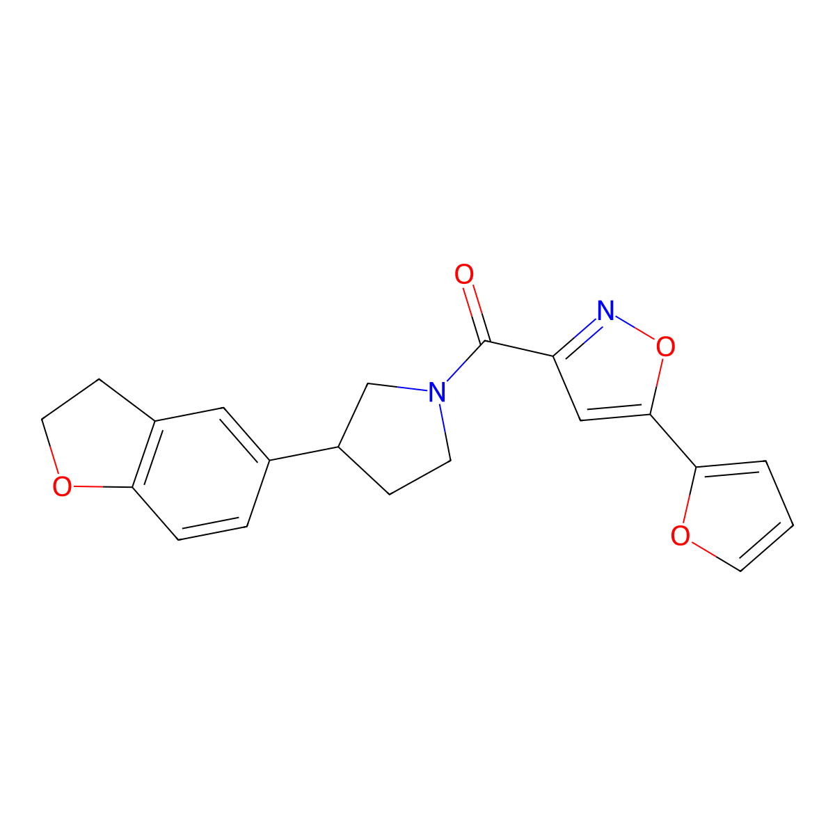 3-[3-(2,3-Dihydro-1-benzofuran-5-yl)pyrrolidine-1-carbonyl]-5-(furan-2-yl)-1,2-oxazole molecular structure, CAS 2097896-49-4