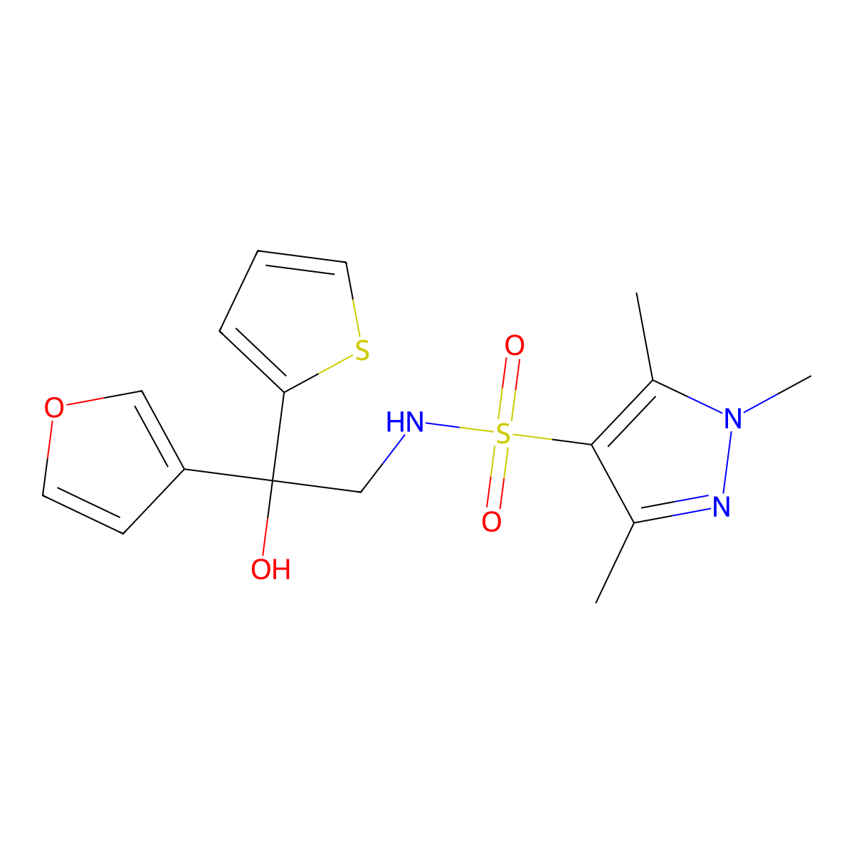 N-[2-(furan-3-yl)-2-hydroxy-2-(thiophen-2-yl)ethyl]-1,3,5-trimethyl-1H-pyrazole-4-sulfonamide molecular structure, CAS 2097896-50-7