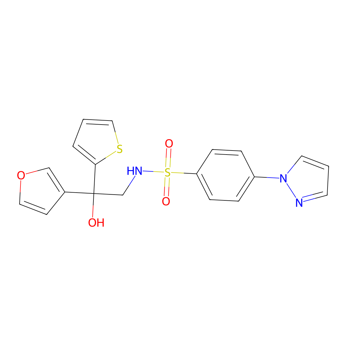 N-[2-(furan-3-yl)-2-hydroxy-2-(thiophen-2-yl)ethyl]-4-(1H-pyrazol-1-yl)benzene-1-sulfonamide molecular structure, CAS 2097896-51-8