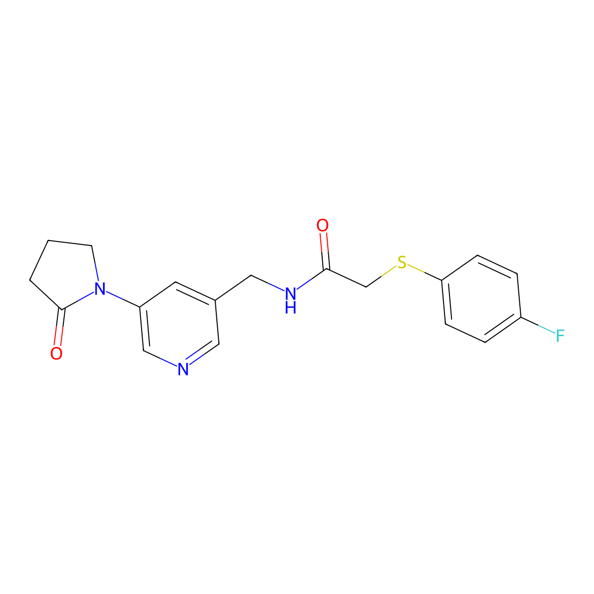 2-[(4-fluorophenyl)sulfanyl]-N-{[5-(2-oxopyrrolidin-1-yl)pyridin-3-yl]methyl}acetamide molecular structure, CAS 2097896-53-0