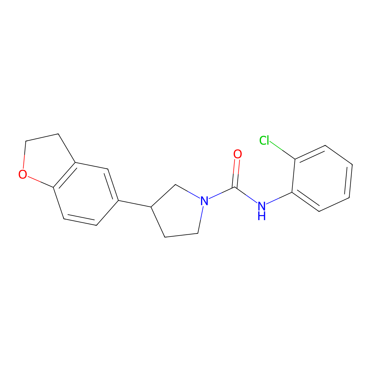 N-(2-chlorophenyl)-3-(2,3-dihydro-1-benzofuran-5-yl)pyrrolidine-1-carboxamide molecular structure, CAS 2097896-59-6