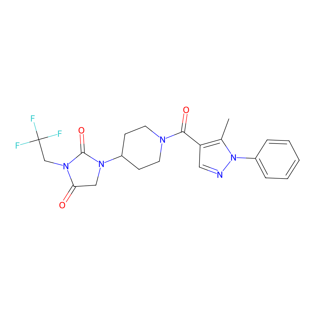 1-[1-(5-methyl-1-phenyl-1H-pyrazole-4-carbonyl)piperidin-4-yl]-3-(2,2,2-trifluoroethyl)imidazolidine-2,4-dione molecular structure, CAS 2097897-05-5