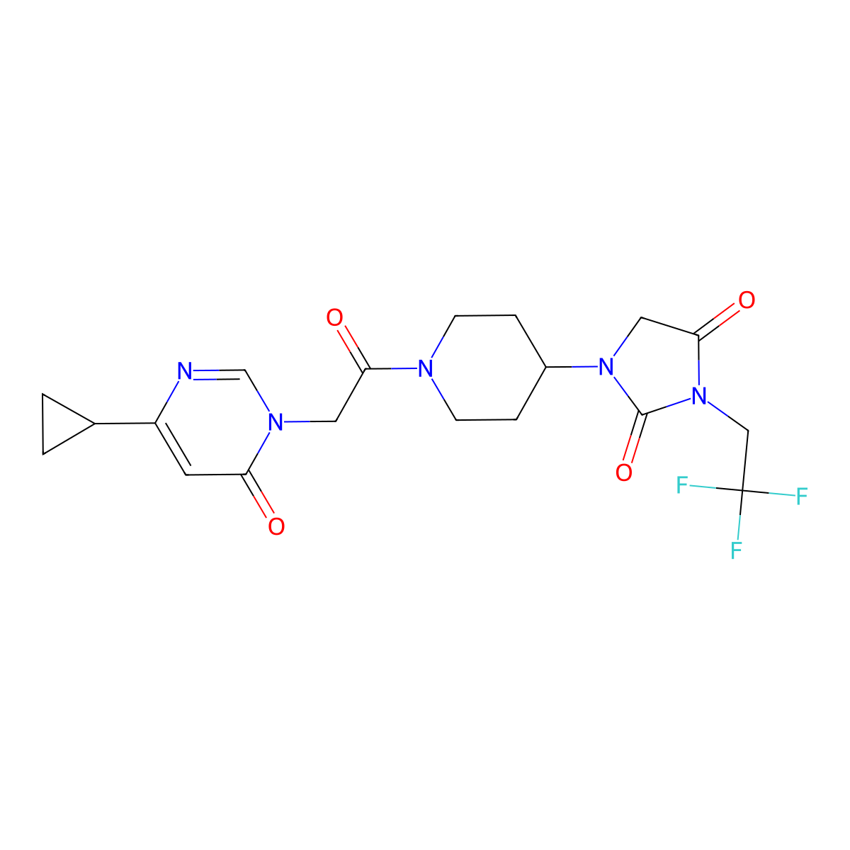 1-{1-[2-(4-Cyclopropyl-6-oxo-1,6-dihydropyrimidin-1-yl)acetyl]piperidin-4-yl}-3-(2,2,2-trifluoroethyl)imidazolidine-2,4-dione molecular structure, CAS 2097897-08-8