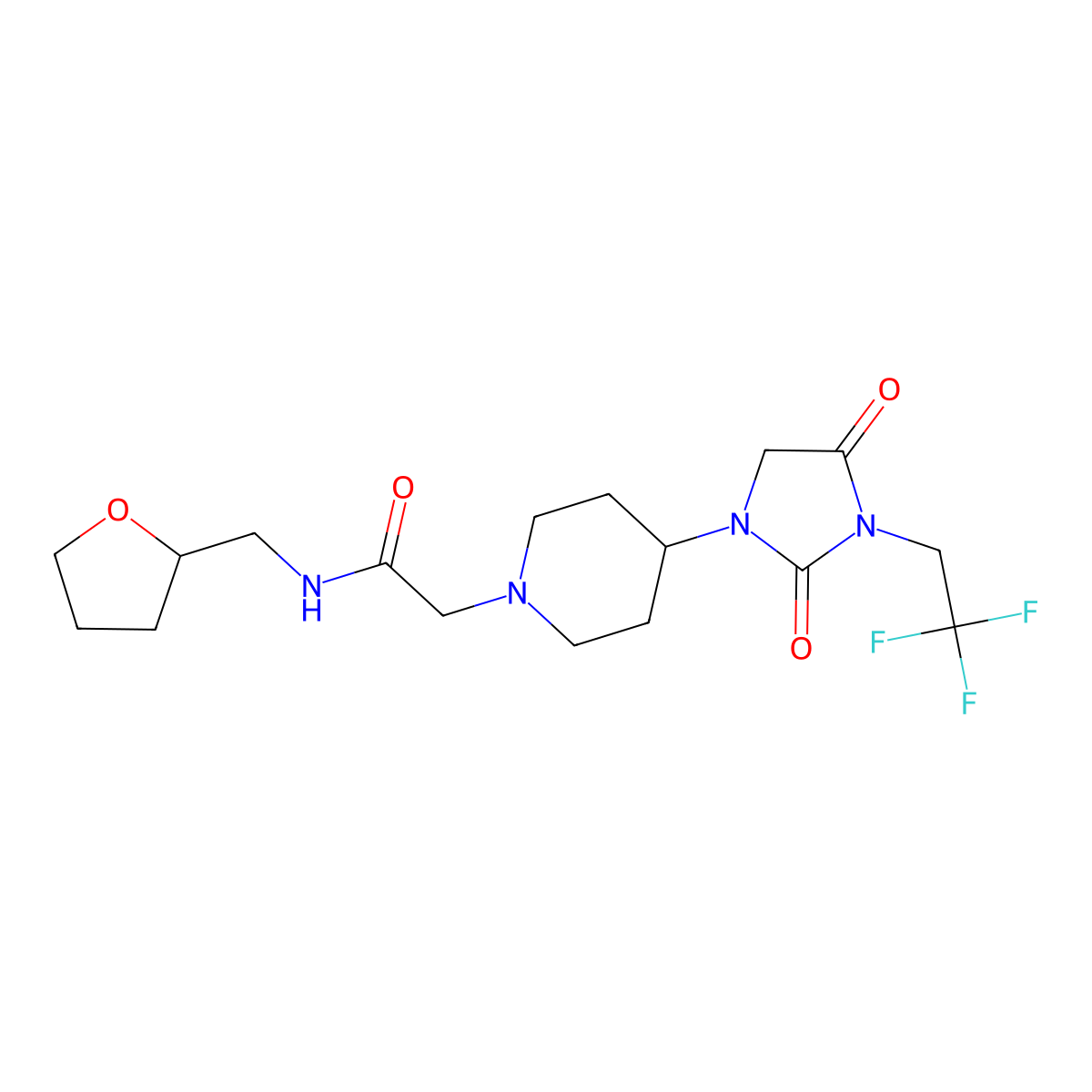 2-{4-[2,4-dioxo-3-(2,2,2-trifluoroethyl)imidazolidin-1-yl]piperidin-1-yl}-N-[(oxolan-2-yl)methyl]acetamide molecular structure, CAS 2097897-13-5