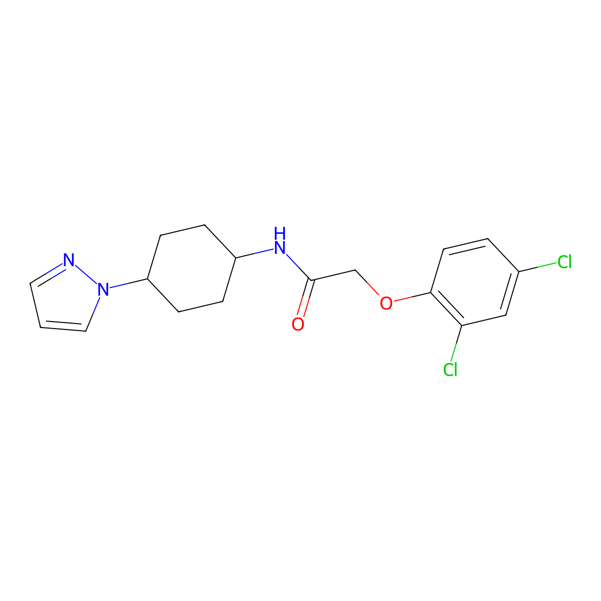 2-(2,4-dichlorophenoxy)-N-[4-(1H-pyrazol-1-yl)cyclohexyl]acetamide molecular structure, CAS 2097897-29-3