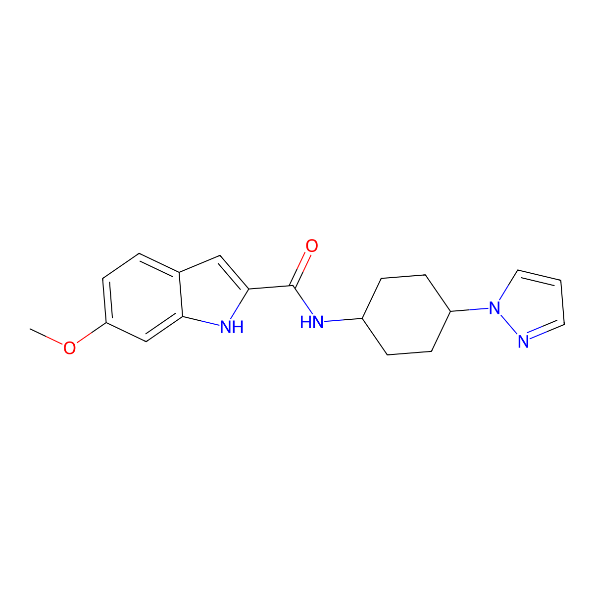 6-methoxy-N-[4-(1H-pyrazol-1-yl)cyclohexyl]-1H-indole-2-carboxamide molecular structure, CAS 2097897-30-6