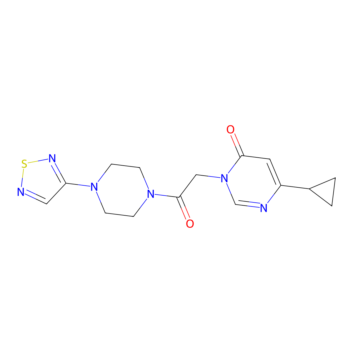 6-Cyclopropyl-3-{2-oxo-2-[4-(1,2,5-thiadiazol-3-yl)piperazin-1-yl]ethyl}-3,4-dihydropyrimidin-4-one molecular structure, CAS 2097897-37-3