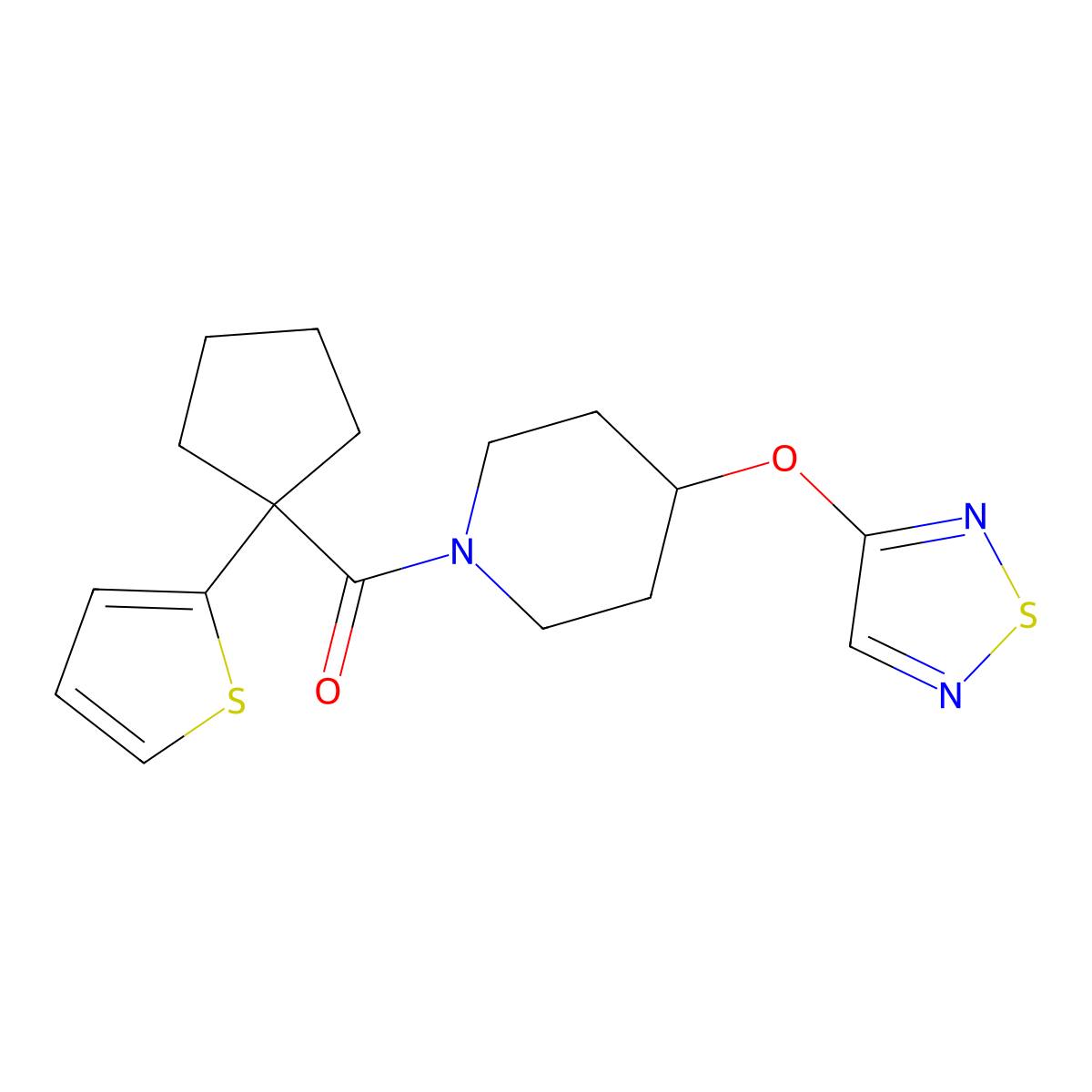 4-(1,2,5-Thiadiazol-3-yloxy)-1-[1-(thiophen-2-yl)cyclopentanecarbonyl]piperidine molecular structure, CAS 2097897-42-0
