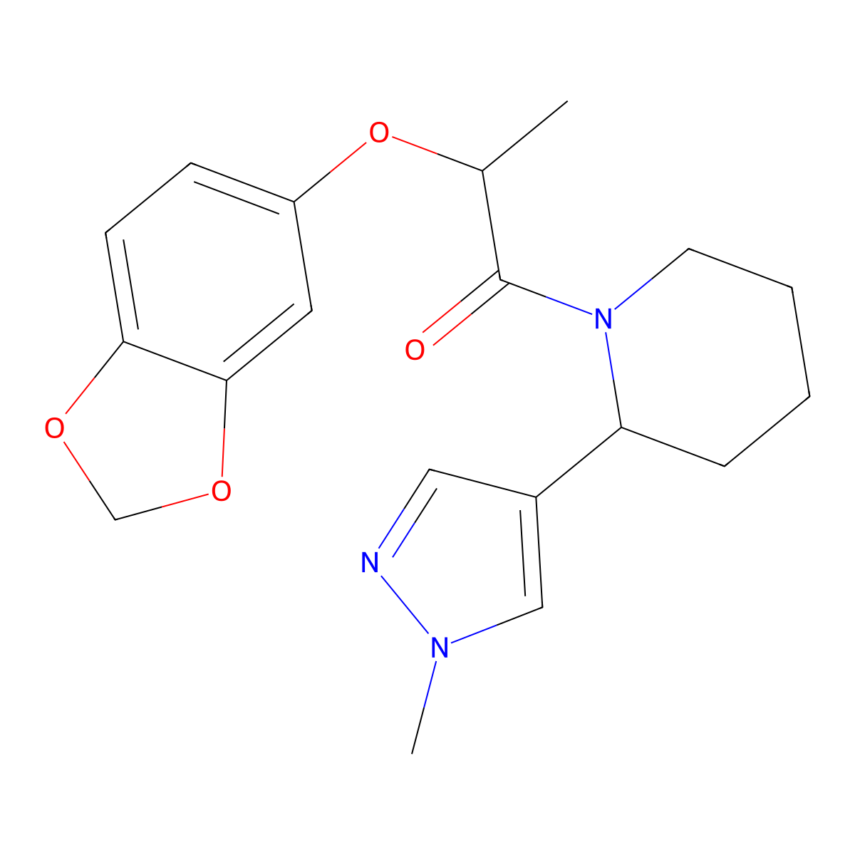 2-(2H-1,3-benzodioxol-5-yloxy)-1-[2-(1-methyl-1H-pyrazol-4-yl)piperidin-1-yl]propan-1-one molecular structure, CAS 2097897-50-0