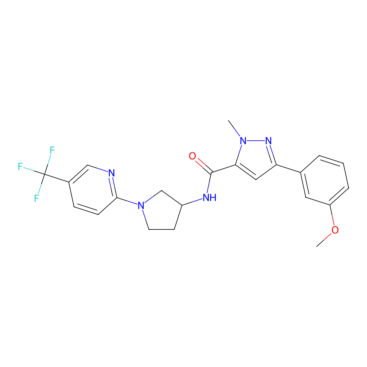 3-(3-methoxyphenyl)-1-methyl-N-{1-[5-(trifluoromethyl)pyridin-2-yl]pyrrolidin-3-yl}-1H-pyrazole-5-carboxamide molecular structure, CAS 2097897-61-3